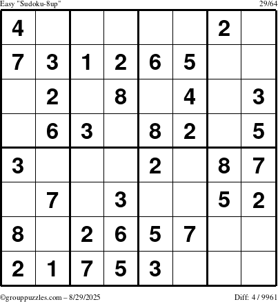 The grouppuzzles.com Easy Sudoku-8up puzzle for Friday August 29, 2025