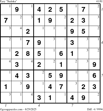 The grouppuzzles.com Easy Sudoku puzzle for Friday August 29, 2025, suitable for printing, with all 4 steps marked