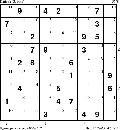 The grouppuzzles.com Difficult Sudoku puzzle for Friday August 29, 2025, suitable for printing, with all 12 steps marked