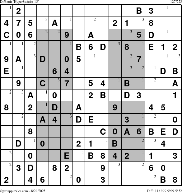 The grouppuzzles.com Difficult HyperSudoku-15 puzzle for Friday August 29, 2025 with the first 3 steps marked