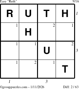 The grouppuzzles.com Easy Ruth puzzle for Sunday January 11, 2026, suitable for printing, with all 2 steps marked