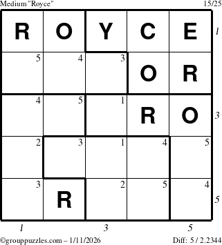 The grouppuzzles.com Medium Royce puzzle for Sunday January 11, 2026, suitable for printing, with all 5 steps marked