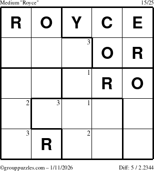 The grouppuzzles.com Medium Royce puzzle for Sunday January 11, 2026 with the first 3 steps marked