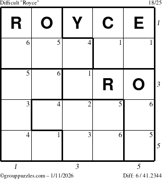 The grouppuzzles.com Difficult Royce puzzle for Sunday January 11, 2026, suitable for printing, with all 6 steps marked