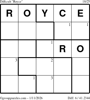 The grouppuzzles.com Difficult Royce puzzle for Sunday January 11, 2026 with the first 3 steps marked