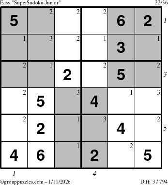 The grouppuzzles.com Easy SuperSudoku-Junior puzzle for Sunday January 11, 2026, suitable for printing, with all 3 steps marked