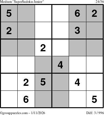 The grouppuzzles.com Medium SuperSudoku-Junior puzzle for Sunday January 11, 2026