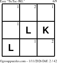 The grouppuzzles.com Easy TicTac-JKL puzzle for Sunday January 11, 2026 with the first 2 steps marked