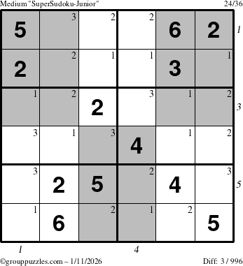 The grouppuzzles.com Medium SuperSudoku-Junior puzzle for Sunday January 11, 2026, suitable for printing, with all 3 steps marked