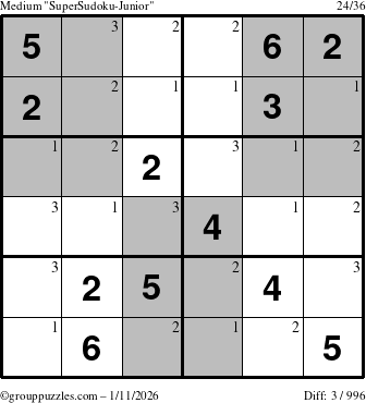The grouppuzzles.com Medium SuperSudoku-Junior puzzle for Sunday January 11, 2026 with the first 3 steps marked