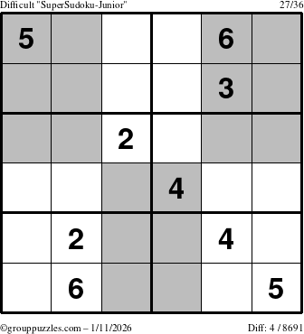 The grouppuzzles.com Difficult SuperSudoku-Junior puzzle for Sunday January 11, 2026
