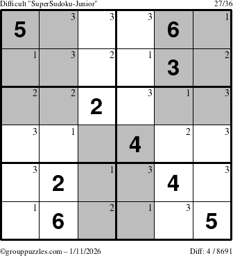 The grouppuzzles.com Difficult SuperSudoku-Junior puzzle for Sunday January 11, 2026 with the first 3 steps marked