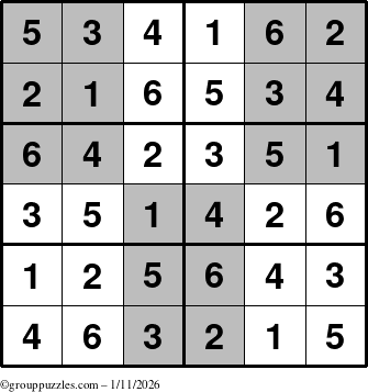 The grouppuzzles.com Answer grid for the SuperSudoku-Junior puzzle for Sunday January 11, 2026