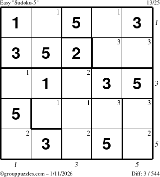 The grouppuzzles.com Easy Sudoku-5 puzzle for Sunday January 11, 2026, suitable for printing, with all 3 steps marked
