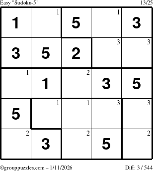 The grouppuzzles.com Easy Sudoku-5 puzzle for Sunday January 11, 2026 with the first 3 steps marked