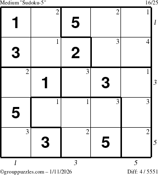 The grouppuzzles.com Medium Sudoku-5 puzzle for Sunday January 11, 2026 with all 4 steps marked