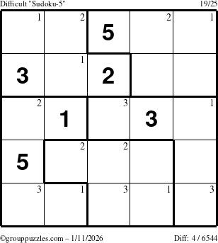 The grouppuzzles.com Difficult Sudoku-5 puzzle for Sunday January 11, 2026 with the first 3 steps marked