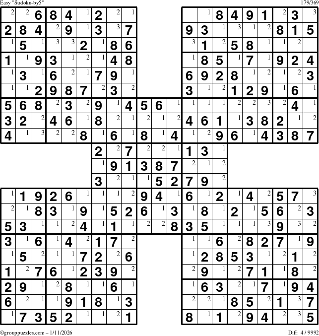 The grouppuzzles.com Easy Sudoku-by5 puzzle for Sunday January 11, 2026 with the first 3 steps marked