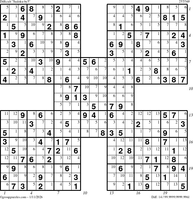 The grouppuzzles.com Difficult Sudoku-by5 puzzle for Sunday January 11, 2026 with all 14 steps marked