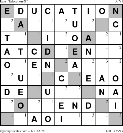 The grouppuzzles.com Easy Education-X puzzle for Sunday January 11, 2026 with the first 3 steps marked
