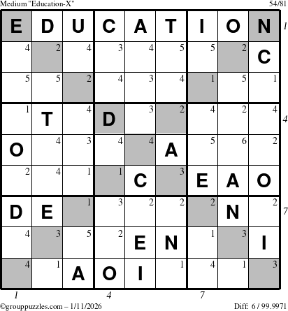 The grouppuzzles.com Medium Education-X puzzle for Sunday January 11, 2026 with all 6 steps marked