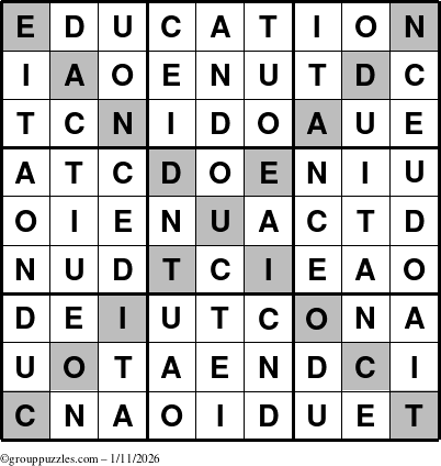 The grouppuzzles.com Answer grid for the Education-X puzzle for Sunday January 11, 2026