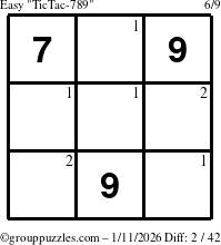 The grouppuzzles.com Easy TicTac-789 puzzle for Sunday January 11, 2026 with the first 2 steps marked