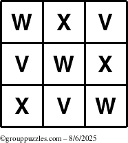 The grouppuzzles.com Answer grid for the TicTac-VWX puzzle for Wednesday August 6, 2025