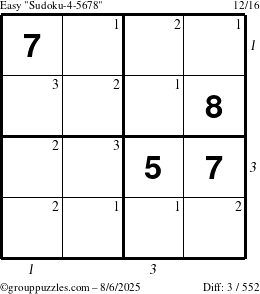 The grouppuzzles.com Easy Sudoku-4-5678 puzzle for Wednesday August 6, 2025 with all 3 steps marked