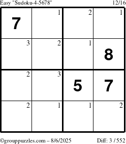 The grouppuzzles.com Easy Sudoku-4-5678 puzzle for Wednesday August 6, 2025 with the first 3 steps marked