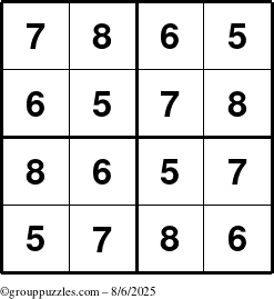The grouppuzzles.com Answer grid for the Sudoku-4-5678 puzzle for Wednesday August 6, 2025