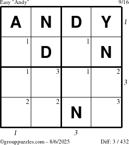 The grouppuzzles.com Easy Andy puzzle for Wednesday August 6, 2025 with all 3 steps marked