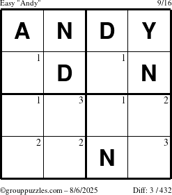 The grouppuzzles.com Easy Andy puzzle for Wednesday August 6, 2025 with the first 3 steps marked