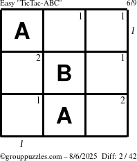 The grouppuzzles.com Easy TicTac-ABC puzzle for Wednesday August 6, 2025 with all 2 steps marked