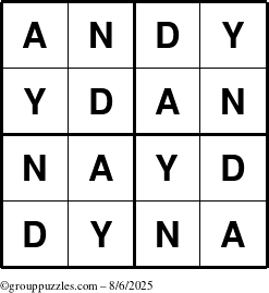 The grouppuzzles.com Answer grid for the Andy puzzle for Wednesday August 6, 2025
