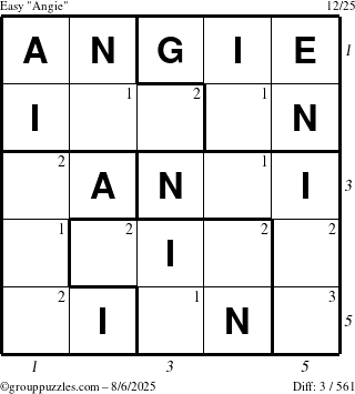 The grouppuzzles.com Easy Angie puzzle for Wednesday August 6, 2025 with all 3 steps marked