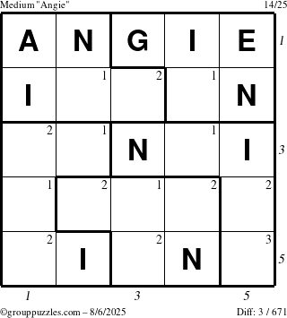 The grouppuzzles.com Medium Angie puzzle for Wednesday August 6, 2025 with all 3 steps marked