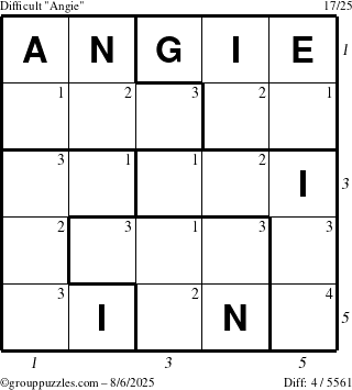 The grouppuzzles.com Difficult Angie puzzle for Wednesday August 6, 2025 with all 4 steps marked