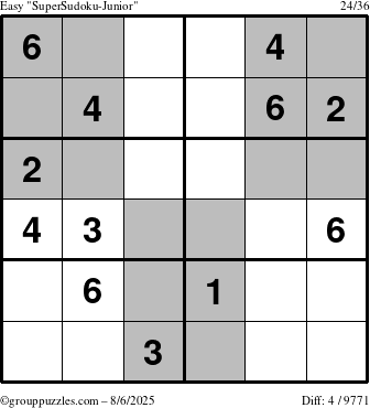 The grouppuzzles.com Easy SuperSudoku-Junior puzzle for Wednesday August 6, 2025