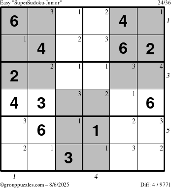 The grouppuzzles.com Easy SuperSudoku-Junior puzzle for Wednesday August 6, 2025, suitable for printing, with all 4 steps marked