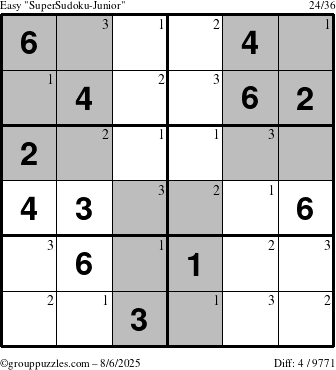 The grouppuzzles.com Easy SuperSudoku-Junior puzzle for Wednesday August 6, 2025 with the first 3 steps marked