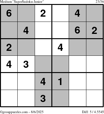 The grouppuzzles.com Medium SuperSudoku-Junior puzzle for Wednesday August 6, 2025
