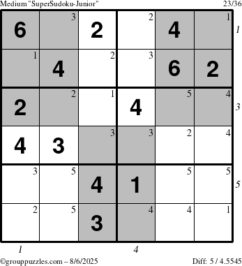 The grouppuzzles.com Medium SuperSudoku-Junior puzzle for Wednesday August 6, 2025 with all 5 steps marked