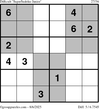 The grouppuzzles.com Difficult SuperSudoku-Junior puzzle for Wednesday August 6, 2025