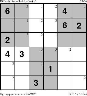The grouppuzzles.com Difficult SuperSudoku-Junior puzzle for Wednesday August 6, 2025 with the first 3 steps marked