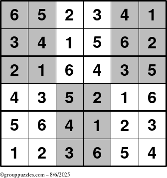 The grouppuzzles.com Answer grid for the SuperSudoku-Junior puzzle for Wednesday August 6, 2025