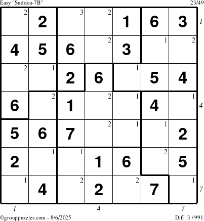 The grouppuzzles.com Easy Sudoku-7B puzzle for Wednesday August 6, 2025 with all 3 steps marked