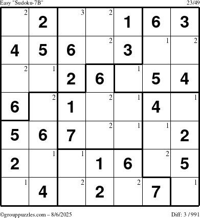 The grouppuzzles.com Easy Sudoku-7B puzzle for Wednesday August 6, 2025 with the first 3 steps marked