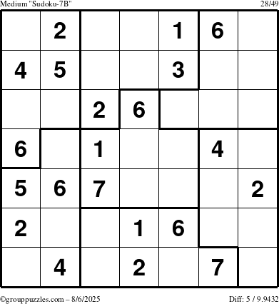 The grouppuzzles.com Medium Sudoku-7B puzzle for Wednesday August 6, 2025