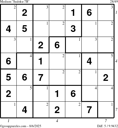 The grouppuzzles.com Medium Sudoku-7B puzzle for Wednesday August 6, 2025 with all 5 steps marked